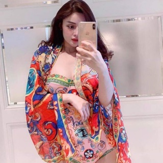 Bikini 1 mảnh hoạ tiết thổ cẩm kèm khăn