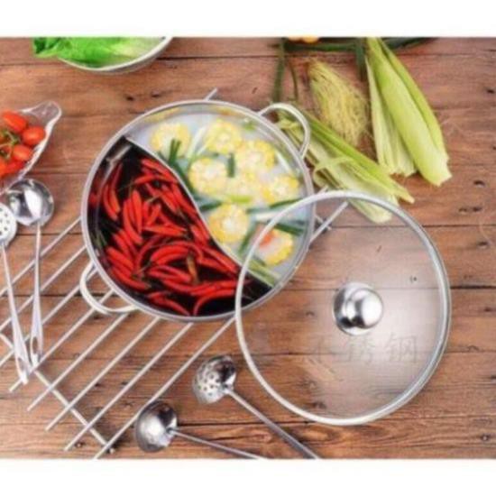 Nồi lẩu Hot Pot 2 ngăn inox-Nôi lẩu size lớn 30cm-Nồi lẩu 2 ngăn dầy dặn nấu được bếp từ cao cấp