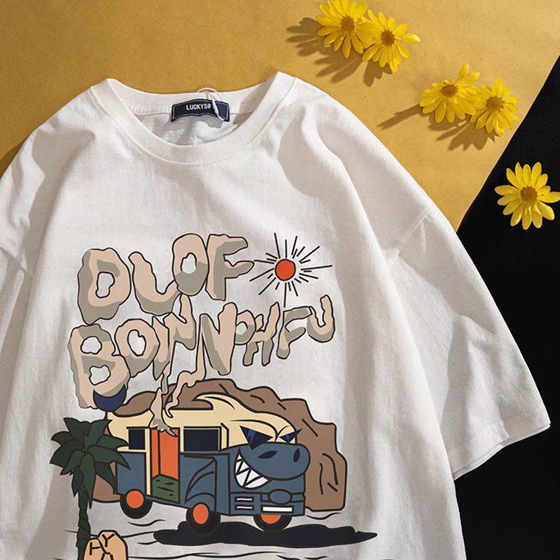 Áo Thun Ngắn Tay Dáng Rộng In Chữ Hoạt Hình Phong Cách Hip Hop Mỹ Cá Tính Cho Nam