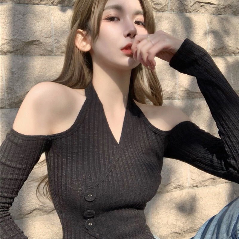 Áo Croptop Trễ Vai Tay Dài Màu Sắc Trơn Thiết Kế Quyến Rũ Dành Cho Nữ