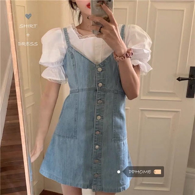 Set yếm váy bò denim 2 dây cúp ngực cúc trước kèm áo kiểu tay bồng ulzzang hàn quốc