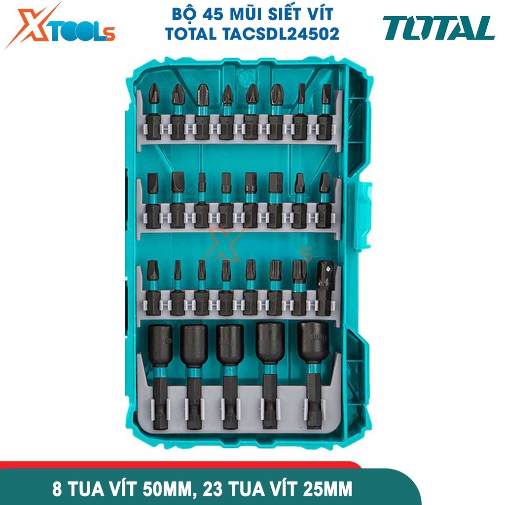 Bộ 45 mũi siết vít TOTAL TACSDL24502, bộ mũi siết vít 45 chi tiết gồm 8 tua vít 50mm 23 tua vít 25mm -CHÍNH HÃNG-XTOOLS