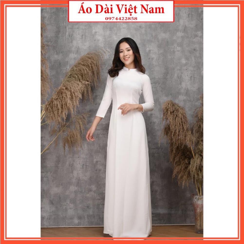 [áo mã giảm giá 30k]  áo dài trăng học sinh cổ cao tay dài_áo dài đi học chất lụa nhật co giãn 4 chiều thấm hút mồ hôi