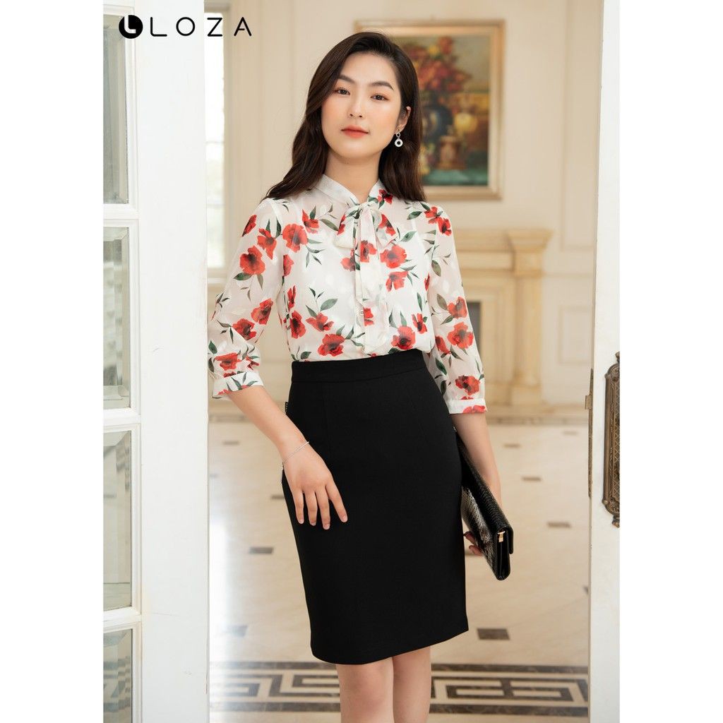 Áo sơ mi hoa cổ nơ- LOZA LS1385