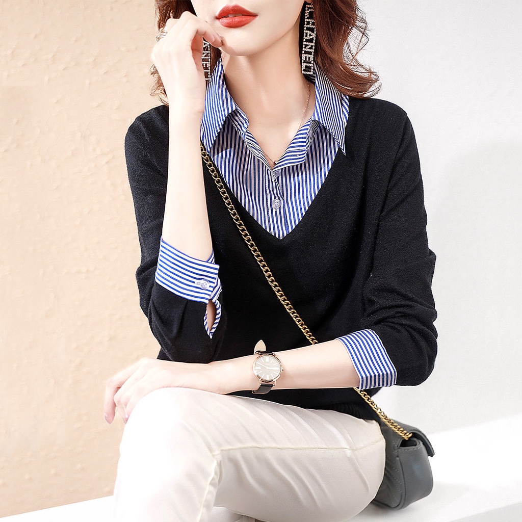 Áo Sơ Mi Tay Dài Cổ Bẻ Họa Tiết Kẻ Sọc Thời Trang Xuân Thu Hàng Mới Dành Cho Bạn Nữ