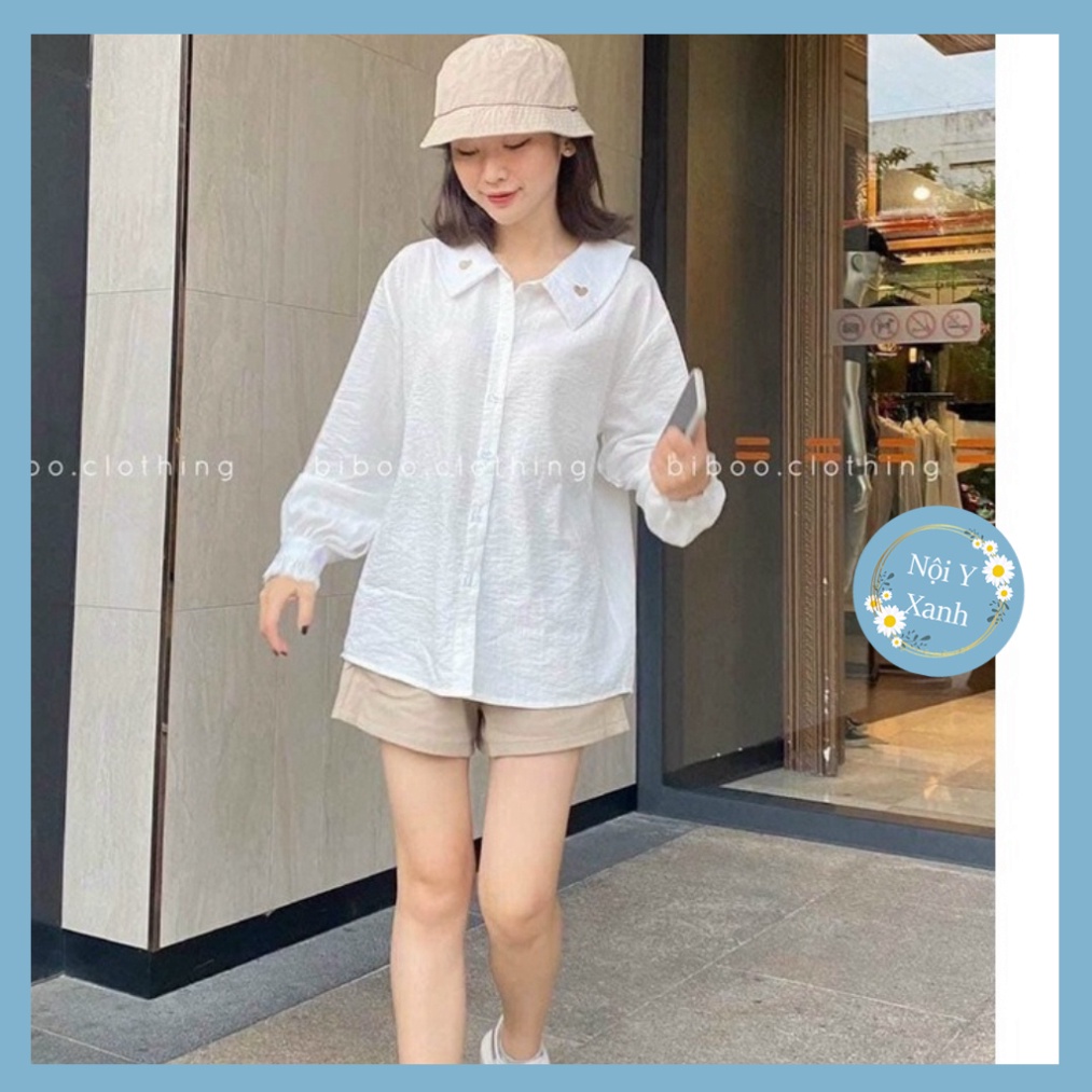 Áo sơ mi nữ dài tay form rộng thêu trái tim vải đũi 2 màu basic nội y xanh chất đẹp mầu trắng đen