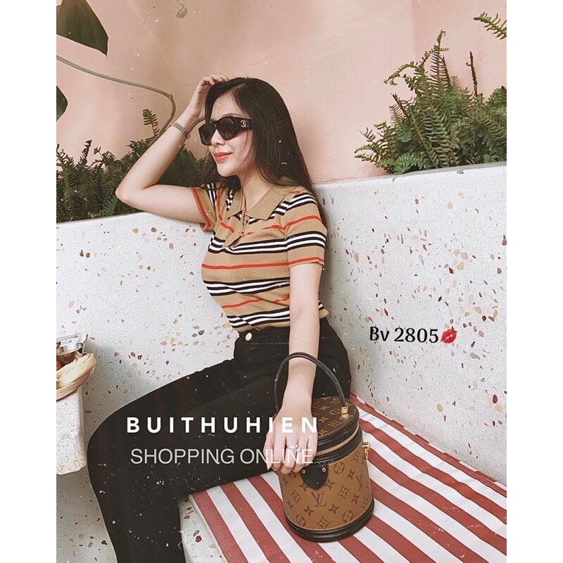 Áo len mỏng ngắn tay cổ bẻ kẻ sọc ngang, Áo len mịn tay cộc kẻ BB CS075 - NhiNhi Shop