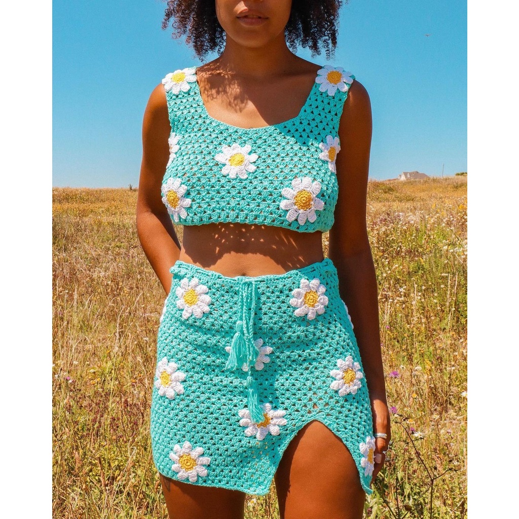 DUNEA Bộ đồ gồm áo 2 dây dệt hoa và chân váy xẻ tà thời trang xinh xắn cho nữ