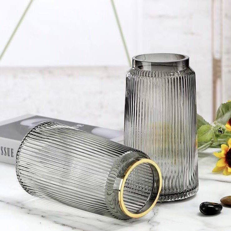 Lọ hoa thuỷ tinh mạ vàng Qhouse , bình hoa trang trí phòng khách để bàn làm việc , lọ hoa decor cao cấp