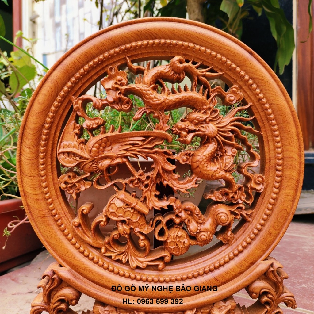 Đĩa trang trí phong thủy khắc Tứ Linh gỗ hương