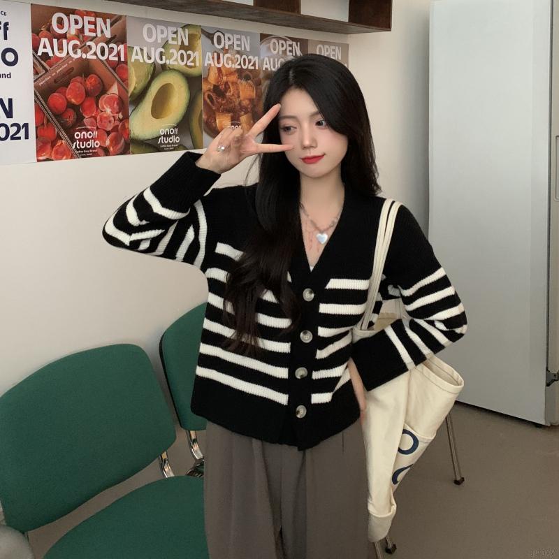 Áo khoác cardigan dệt kim tay dài dáng rộng cổ chữ v phối nút cài họa tiết sọc thời trang Hàn Quốc cho nữ