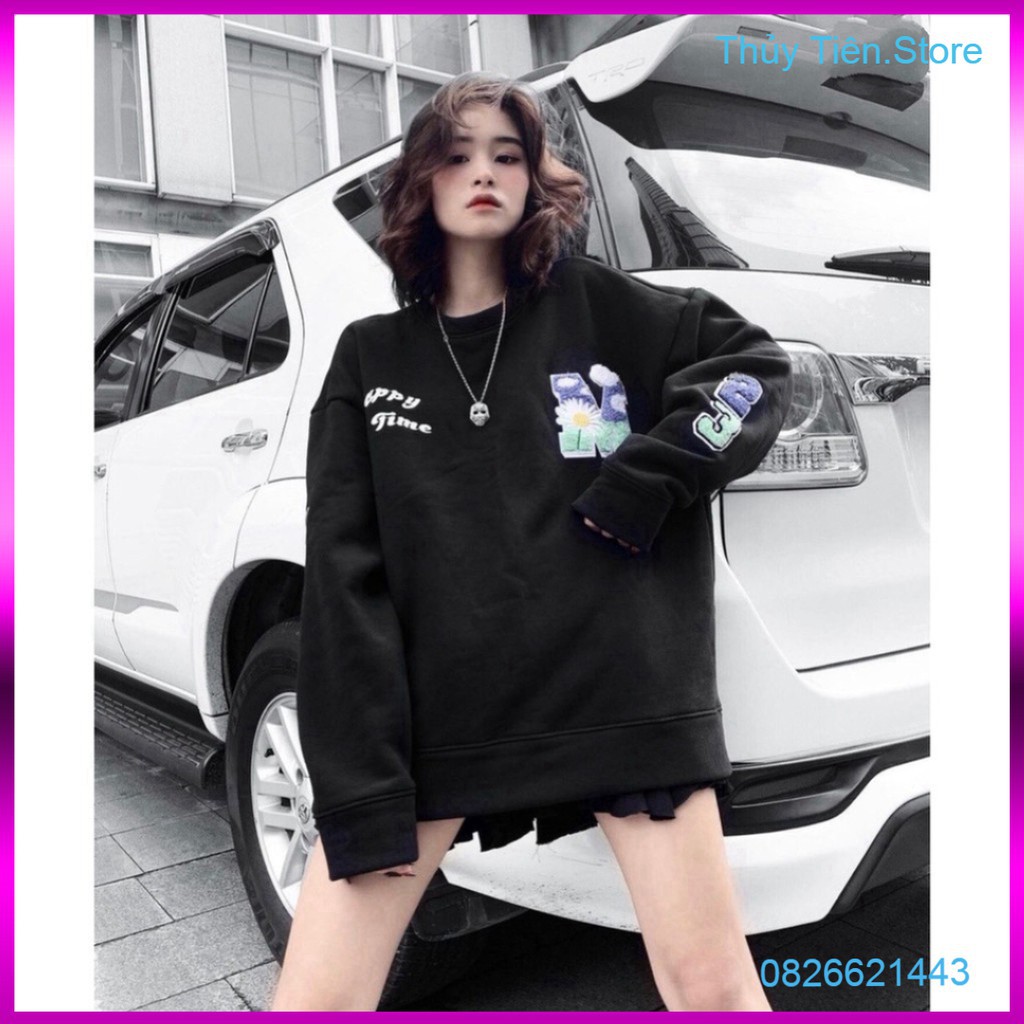 ÁO NỈ BÔNG SWEATER HAPPY TIME IN M 23 BÔNG HOA ĐEN UNISEX 💎 👗💝