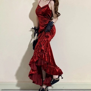 Đầm body maxi nhung phối bèo