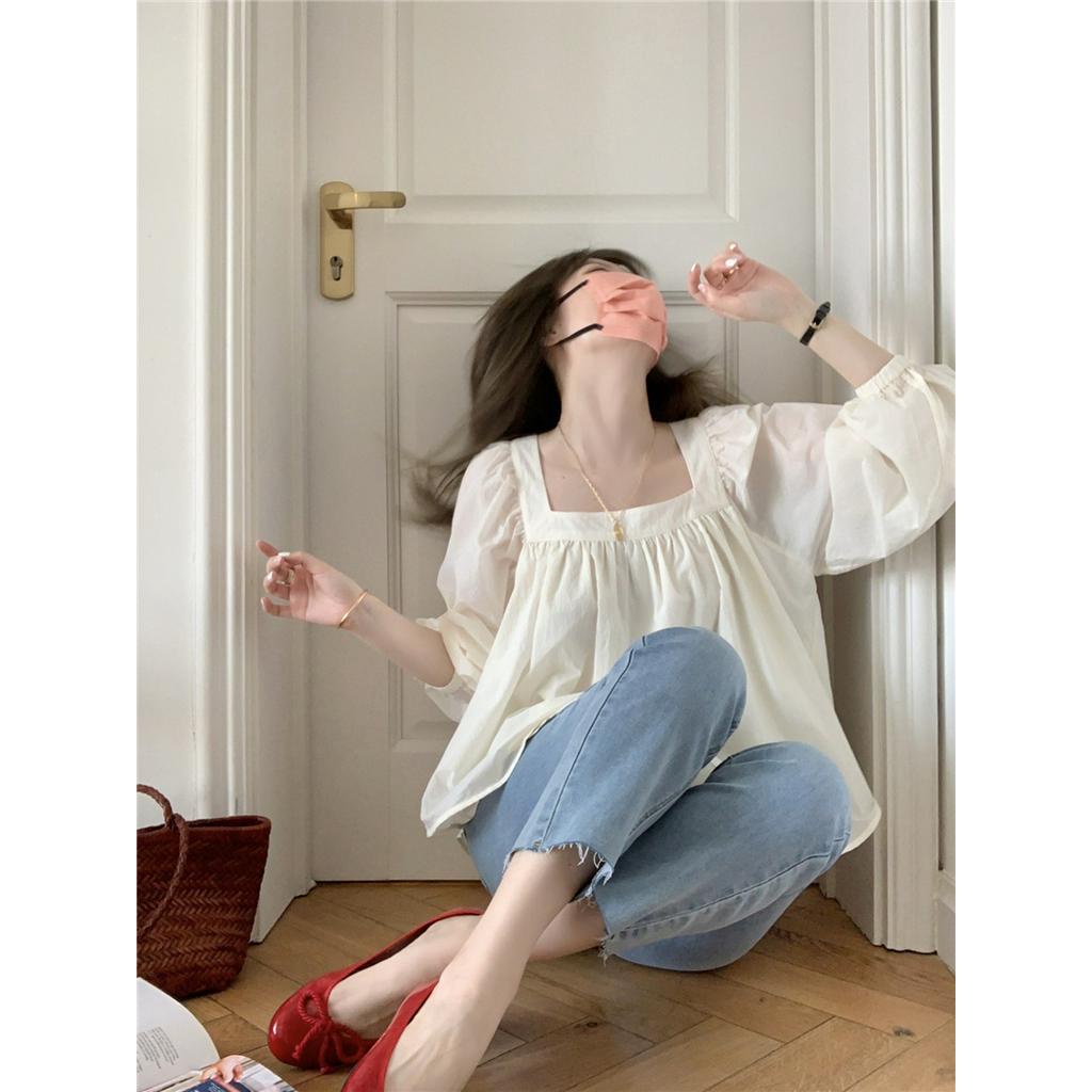 61937 Áo Sơ Mi Cổ Vuông Màu Rắn Rời Mùa Hè