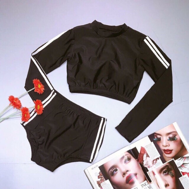 Đồ bơi áo dài tay dạng crop top 2 mảnh kín đáo