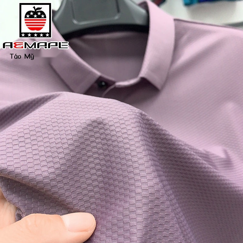 Áo thun tay ngắn sọc ca rô Ice Silk co giãn, Áo sơ mi Polo thường dành cho người trung niên mà bố mặc