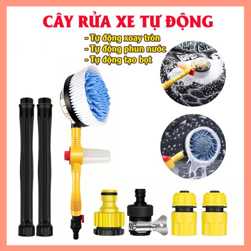 Dụng cụ rửa xe ô tô tự động, rửa xe hơi kết hợp bàn chải cọ tự động, xoay tròn 360, tự tạo bọt Tặng kèm 5m ống nước