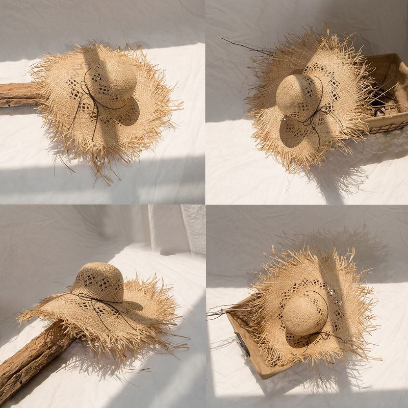 Mũ Cói Rộng Vành Phối Tua Rua Thời Trang Đi Biển Cho Nữ