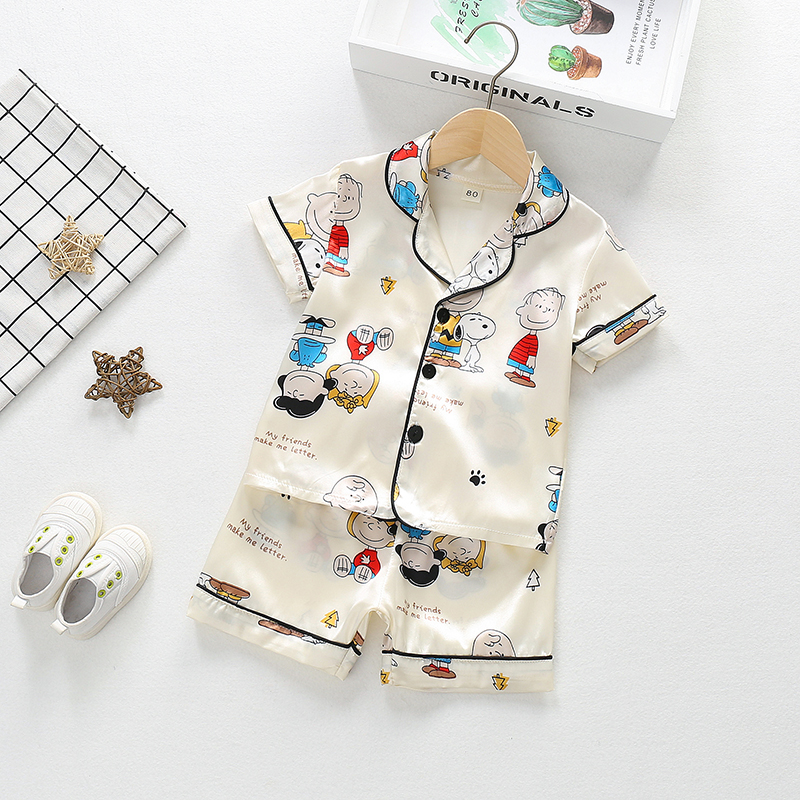 Bộ đồ ngủ vải lụa Satin mỏng ngắn tay họa tiết gấu đáng yêu cho bé trai gái