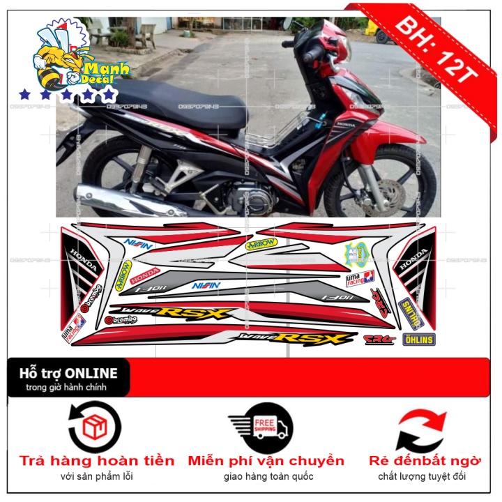 (FREE SHIP) Tem xe wave rsx zin đỏ đen [Mạnh Decal]