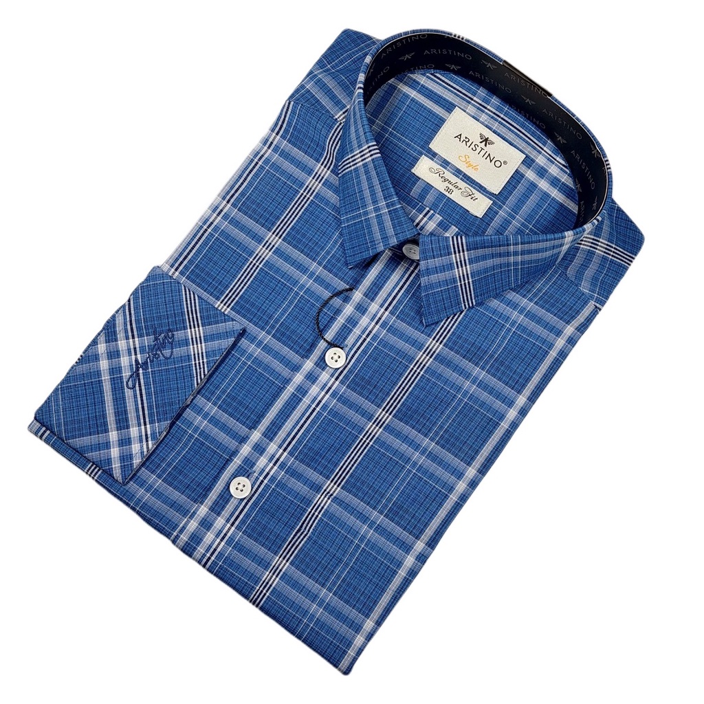 Áo Sơ Mi Nam Dài Tay ARISTINO ALS21101 Somi Công Sở Cao Cấp Màu Xanh Kẻ Trắng Chất Sợi Sồi Mềm Mát Dáng Suông Có Túi