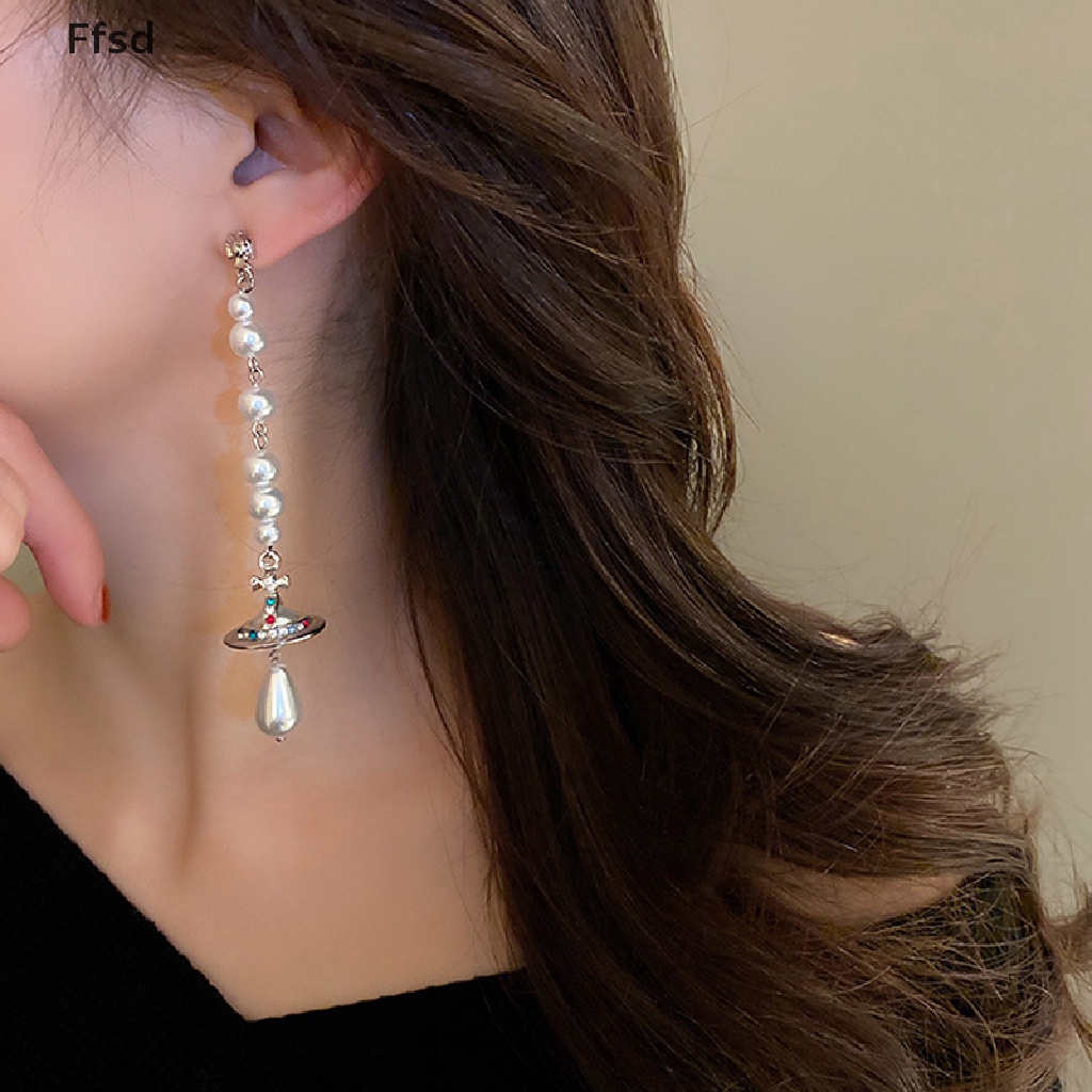 {Ffsd} Khuyên Tai Dáng Dài Tua Rua Đính Ngọc Trai Nhân Tạo Hình Nón Chéo Nhiều Màu Sắc * Hot
