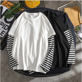 Mùa xuân và mùa thu phiên bản mới của Hàn Quốc của xu hướng giả hai mảnh màu phù hợp với áo thun dài tay sọc nam và nữ cặp đôi áo sơ mi dưới cùng giản dị