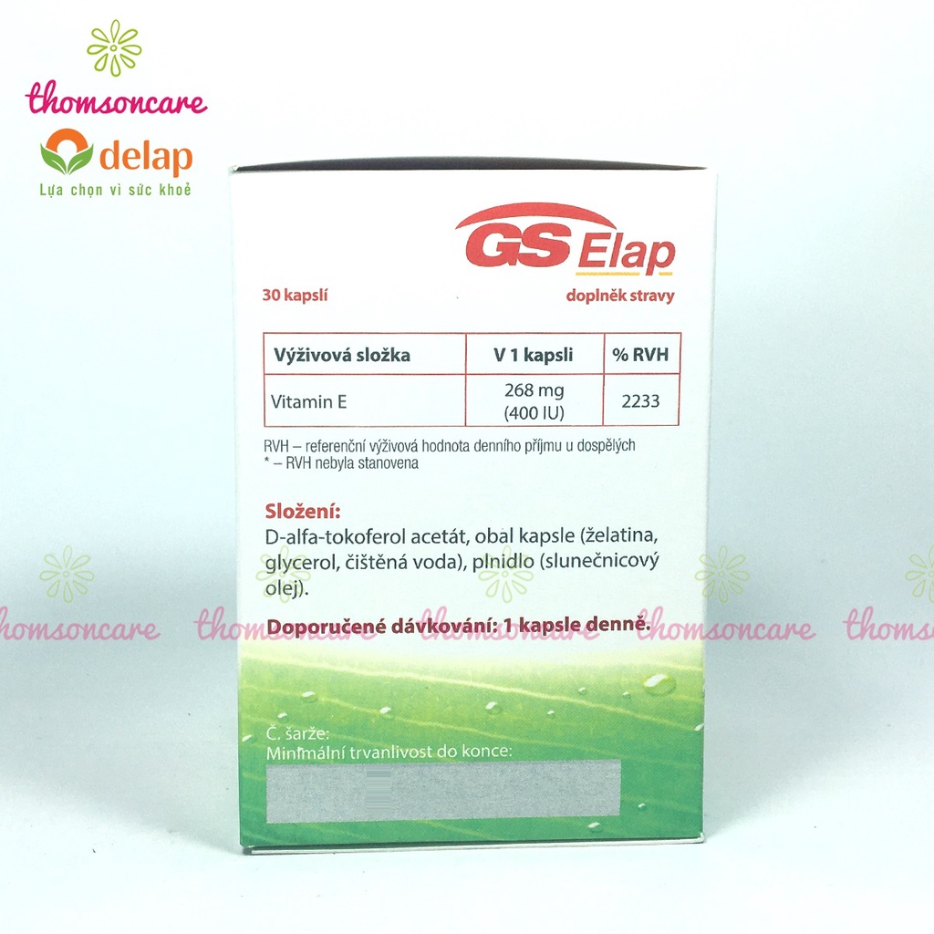 Vitamin E 400IU GS Elap, nhập khẩu từ Châu Âu, hộp 30 viên bổ sung vtm Enat hữu cơ, đẹp da