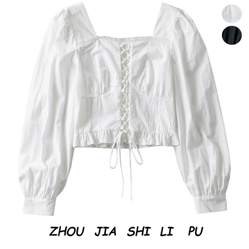 Caring 2021Spring New Palace Style Lace-up White Shirt Long Sleeve Retro Minority Design Sense Square-Neck Cinched Top