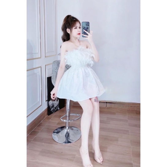 Váy trắng dự tiệc cup ngực lông vũ eo kết ngọc xoè công chúa chất taffa cao cấp V277 freesize AĐ BOUTIQUE