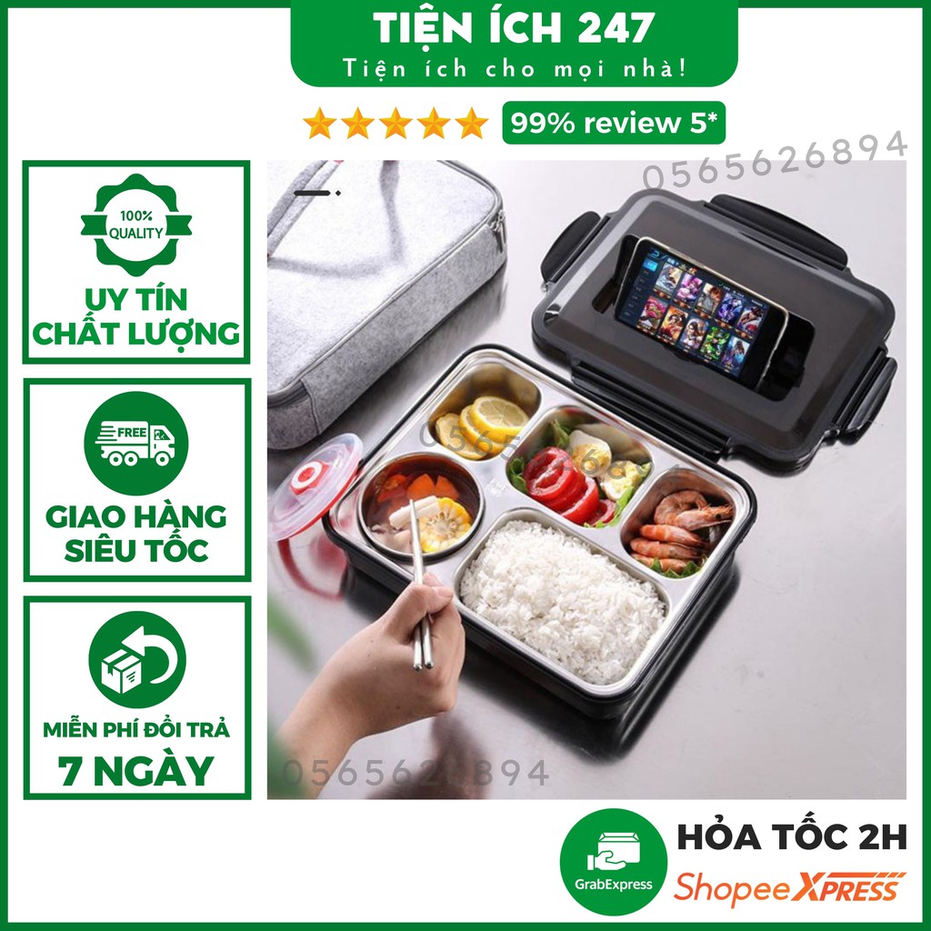 Hộp cơm văn phòng có rãnh để điện thoại tienich247 - Khay cơm Inox 5 ngăn, có bát để canh - Tặng đũa thìa Inox cao cấp
