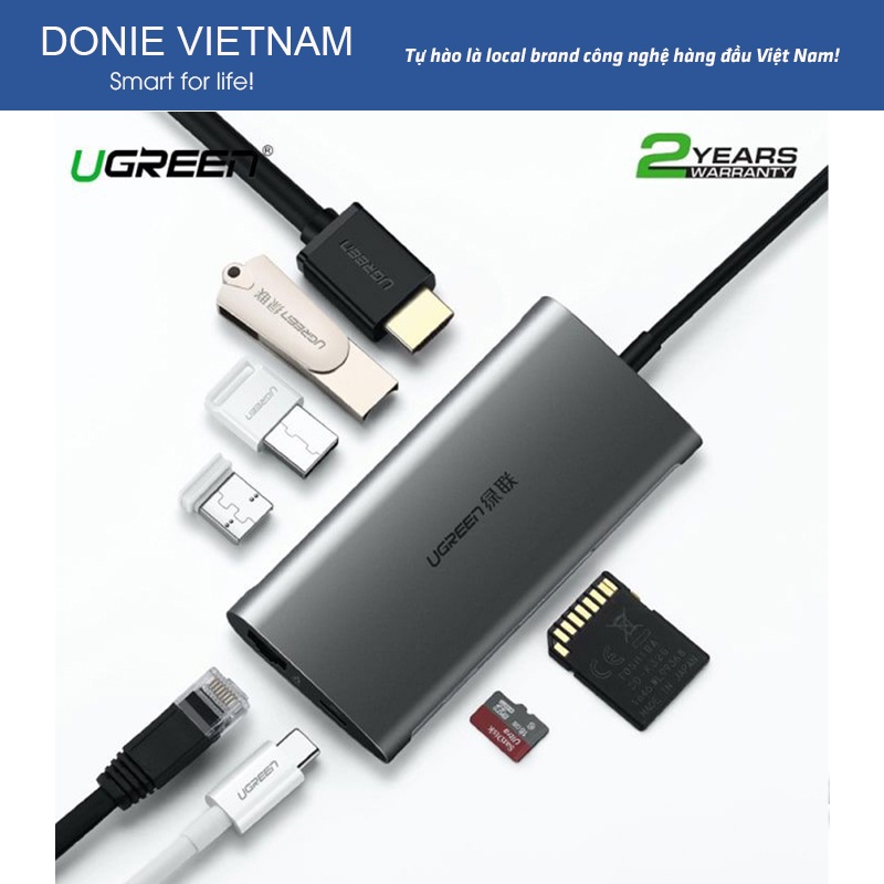 Cáp Chuyển Ugreen 8 In 1 USB-C HUB Ra HDMI, 3xUSB 3.0, TF, RJ45 + SD Chính Hãng 50538