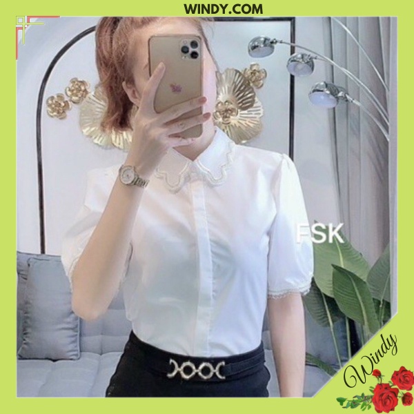 Áo sơ mi nữ cổ đá chất vải non cực mát, Ao sơ mi trắng tay cộc cổ đính đá phong cách tiểu thư Hót hè 2021