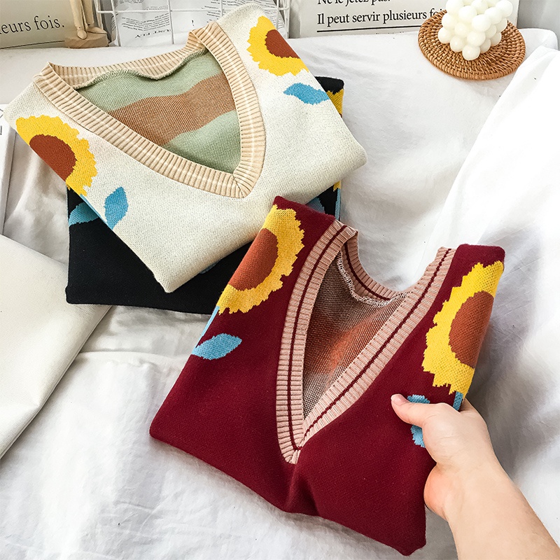 Áo len cổ chữ V họa tiết hoa cúc phong cách retro Hàn Quốc