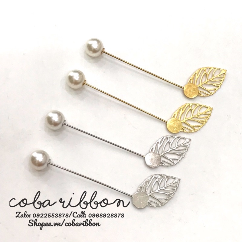 2 cái - Sườn trâm cài áo inox sáng bóng dài 8cm, có chốt hạt nhựa và lá kim loại, size 1.2cm