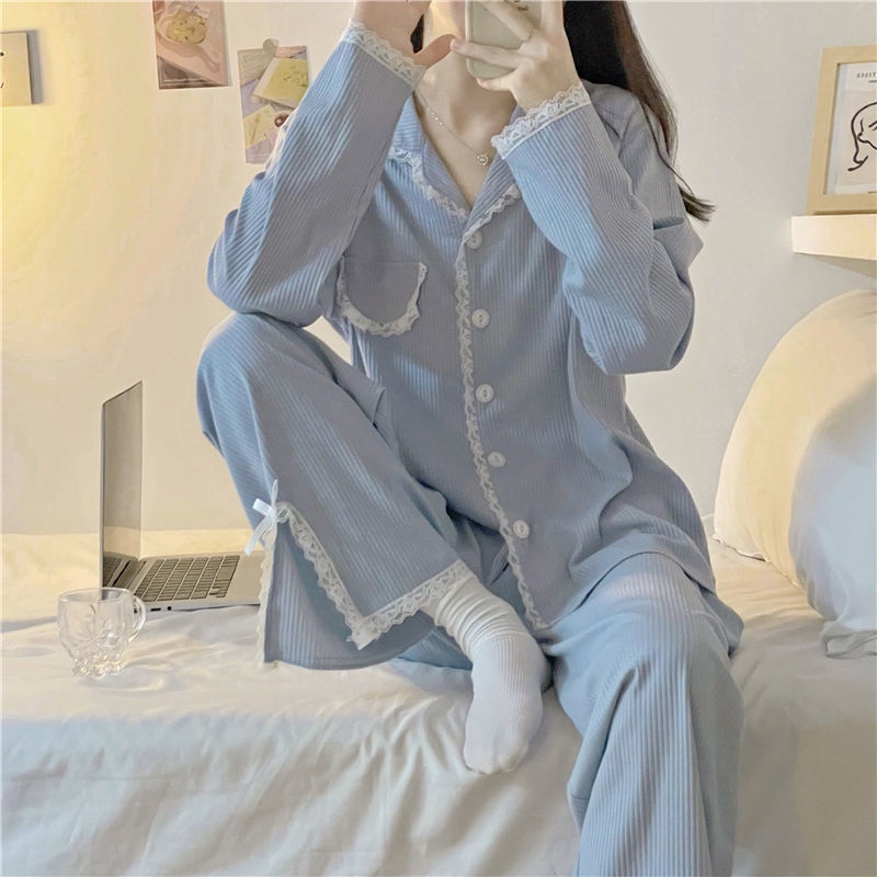 Bộ đồ ngủ tay dài phối ren thời trang xuân thu mới cho nữ