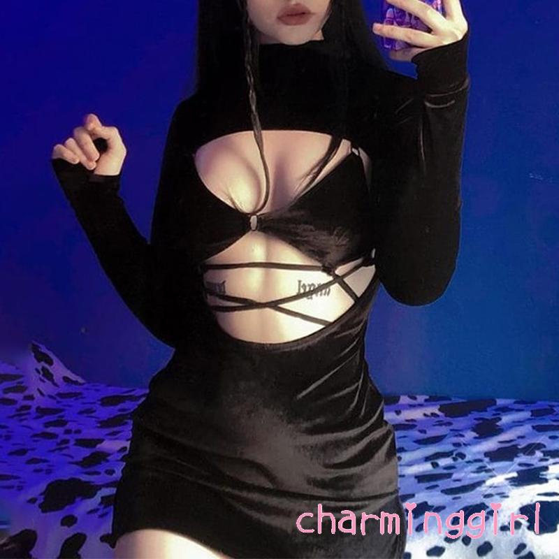 Đầm nhung tay dài cổ cao dáng ôm thời trang cho nữ