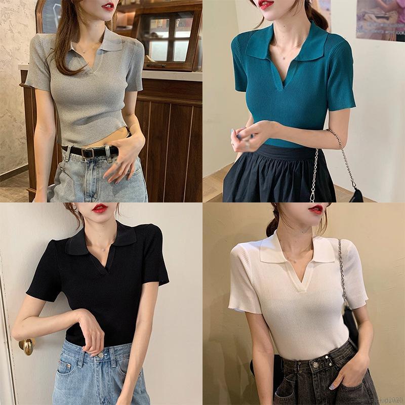 Áo Croptop Dệt Kim Tay Ngắn Cổ Chữ V Phong Cách Hàn Quốc