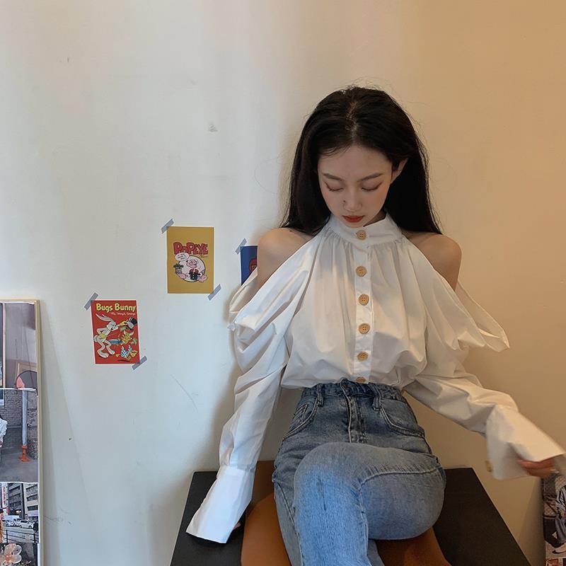 Áo sơ mi trắng dài tay trễ vai thời trang cho nữ