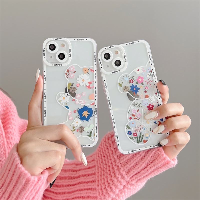 Ốp Điện Thoại Tpu Dẻo In Hình Gấu Hạnh Phúc Và Hoa Cho iPhone 14 13 12 11 pro max X XS XR 7 / 8 Plus
