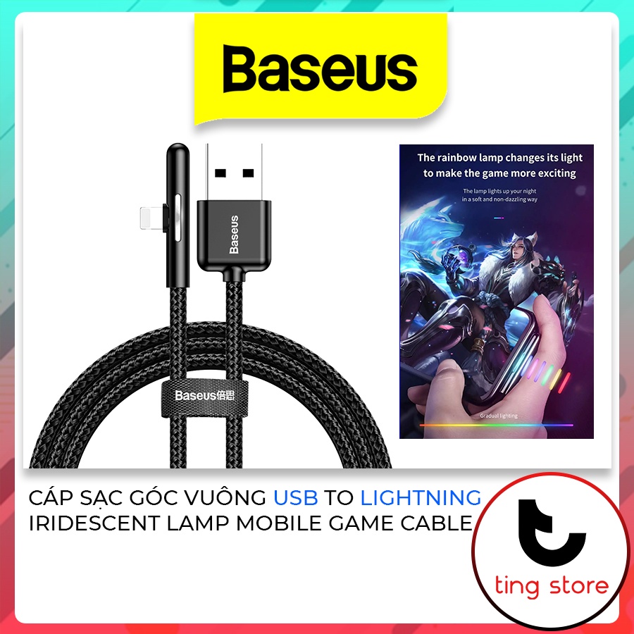 Dây Cáp Sạc Góc Vuông USB To Lightning Baseus Iridescent Lamp Mobile Game Gập 90 Độ Có Đèn LED (2.4A) Dài 1M 2M