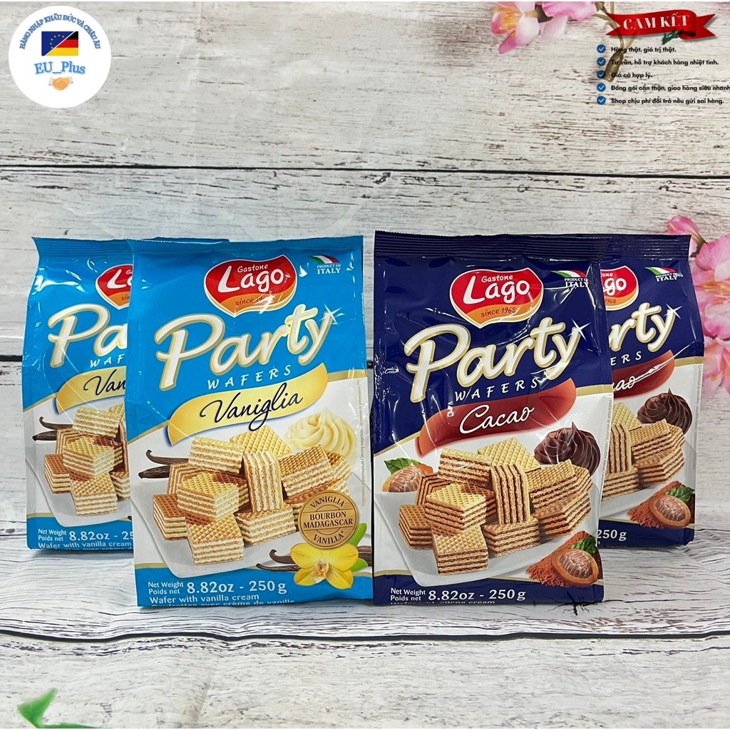 Bánh xốp Lago Party Wafer vị cacao, vị vani, vị hạt phỉ 250g - Ý