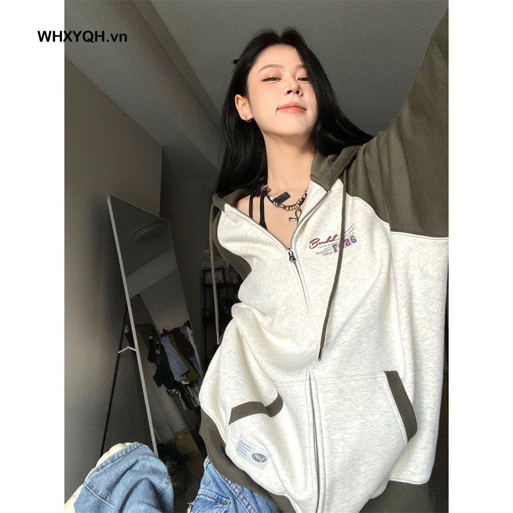 Áo Khoác Cardigan Có Mũ Trùm Phối Màu Tương Phản Phong Cách Mỹ Mới