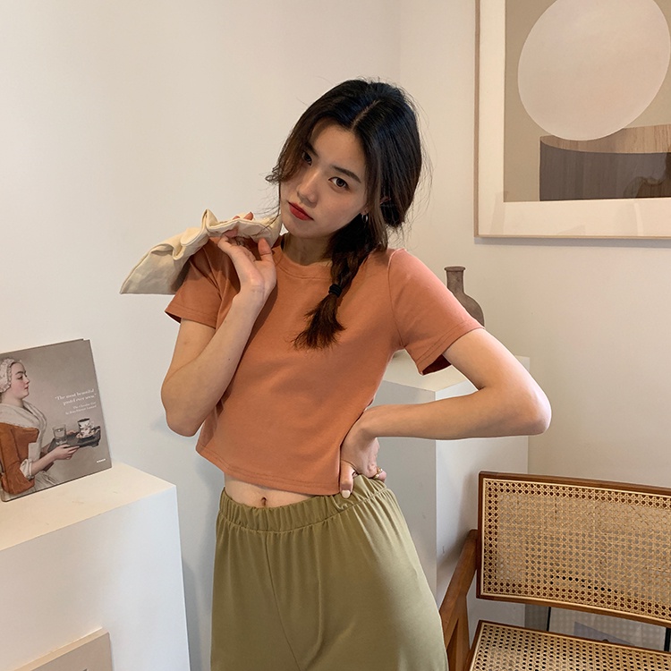 NUZIRO  Áo thun croptop  ngắn tay cổ tròn vải cotton co giãn thoải mái 8 màu lựa chọn thời trang hè cho nữ