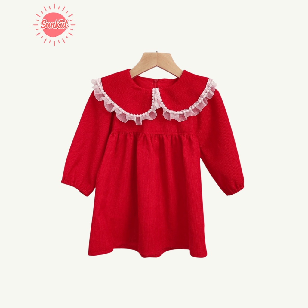 Váy nhung dài tay 2 lớp cổ sen bèo trắng cho bé gái Sunkid cao cấp VN3