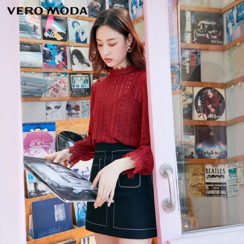 Vero Moda áo thun ren cổ cao Hàn quốc dài tay cổ điển  size S new tag