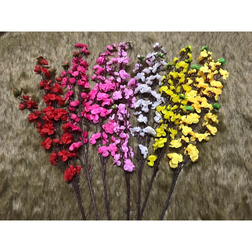 SET 5 CÀNH - Cành hoa mai vàng, Cành hoa đào hồng giả dài 1m