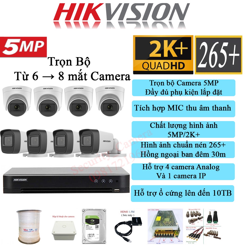 { 5Mp Tích hợp Mic } Trọn bộ 5/6/7/8 Camera Hikvision 5Mp chính hãng tích hợp Mic ghi âm, đầy đủ phụ kiện lắp đặt