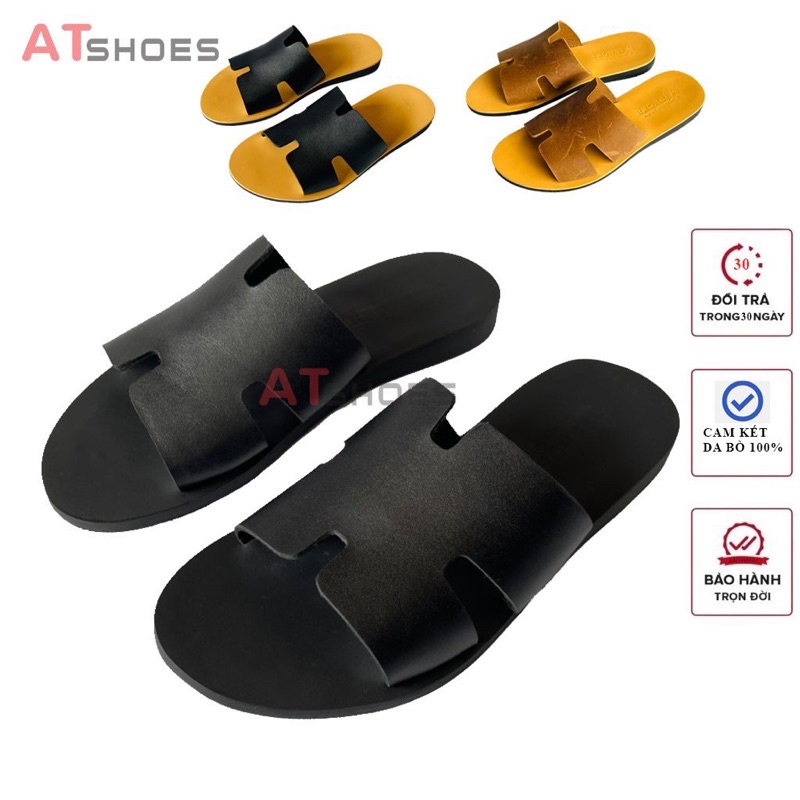 Dép Da Nam Cao Cấp Atshoes Dép chữ H Cao Cấp Da Bò Đế Caosu Chống Nước HAT21(Đen_Nâu-Vàng)