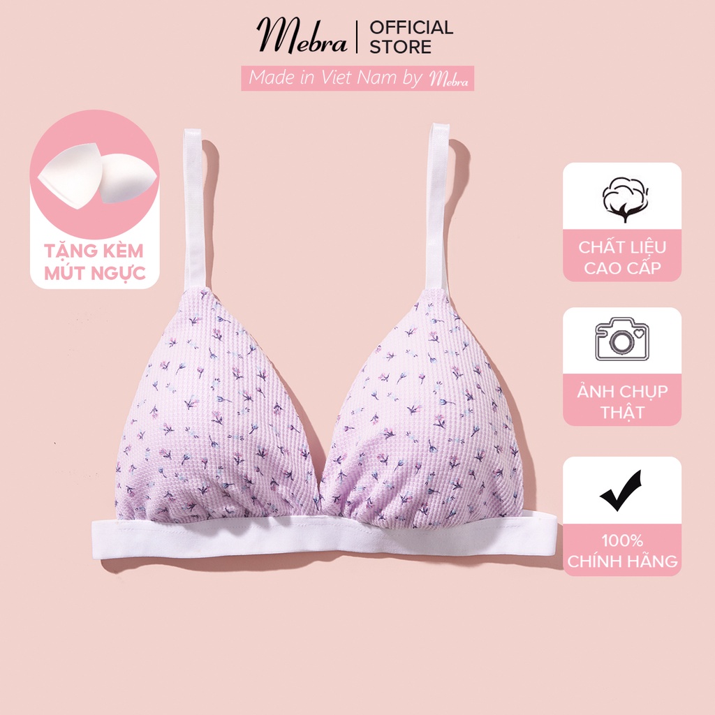 Áo ngực bra nữ cotton Hàn cao cấp thoáng khí không đệm không gọng màu tím hoa cao cấp có size Mebra A003